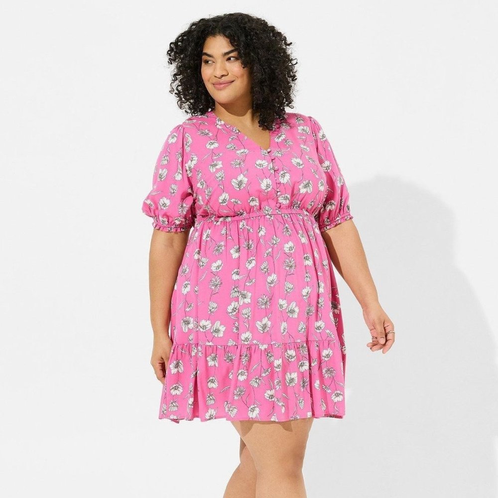 Torrid Mini Challis Puff Sleeve Tiered Dress